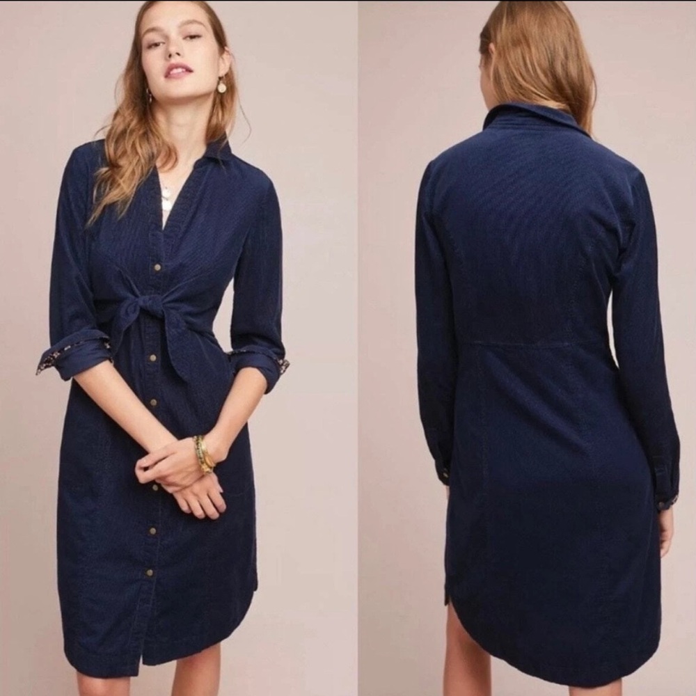 Navy Blue Corduroy Button Up Dress by Maeve